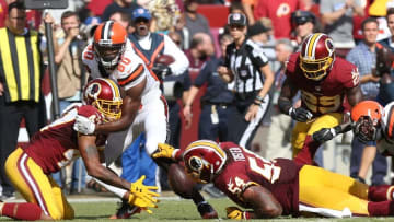 Oct 2, 2016; Landover, MD, USA; Washington Redskins cornerback Quinton Dunbar (47) and Redskins linebacker Mason Foster (54) attempt to recover a fumble by Cleveland Browns fullback Malcolm Johnson (42) in the third quarter at FedEx Field. The Redskins won 31-20. Mandatory Credit: Geoff Burke-USA TODAY Sports