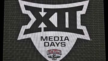 Jul 12, 2023; Arlington, TX, USA; A view of the Big 12 logo during Big 12 football media day at AT&T Stadium. Mandatory Credit: Jerome Miron-USA TODAY Sports