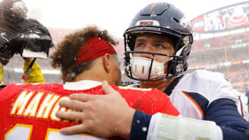 KANSAS CITY, MISSOURI - DECEMBER 15: Drew Lock #3 of the Denver Broncos greets Patrick Mahomes #15 of the Kansas City Chiefs following their game at Arrowhead Stadium on December 15, 2019 in Kansas City, Missouri. (Photo by David Eulitt/Getty Images)