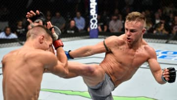 LAS VEGAS, NV - OCTOBER 07: (R-L) Cody Stamann kicks Tom Duquesnoy of France in their bantamweight bout during the UFC 216 event inside T-Mobile Arena on October 7, 2017 in Las Vegas, Nevada. (Photo by Jeff Bottari/Zuffa LLC/Zuffa LLC via Getty Images)