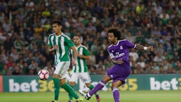 MADRID, SPAIN - OCTOBER 15: Marcelo of Real Madrid score the goal during the Spanish league football match Real Betis Balompie vs Real Madrid CF at the Benito Villamarin stadium in Sevilla on October 15, 2016.(Photo by Helios de la Rubia/Real Madrid via Getty Images)