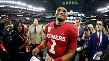 ARLINGTON, TX - DECEMBER 07: Jalen Hurts #1 of the Oklahoma Sooners celebrates the team"u2019s win over the Baylor Bears following the Big 12 Football Championship at AT&T Stadium on December 7, 2019 in Arlington, Texas. Oklahoma won 30-23. (Photo by Ron Jenkins/Getty Images)