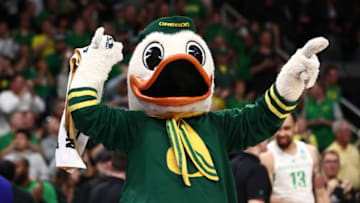 SAN JOSE, CALIFORNIA - MARCH 24: The Oregon Ducks mascot celebrates after defeating the UC Irvine Anteaters during the second round of the 2019 NCAA Men's Basketball Tournament at SAP Center on March 24, 2019 in San Jose, California. Oregon defeated UC Irvine 73-54. (Photo by Ezra Shaw/Getty Images)