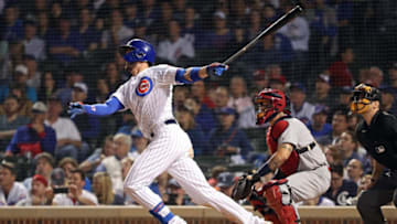 CHICAGO, ILLINOIS - MAY 05: Kris Bryant #17 of the Chicago Cubs hits a grand slam during the eighth inning of a game against the St. Louis Cardinals at Wrigley Field on May 05, 2019 in Chicago, Illinois. (Photo by Nuccio DiNuzzo/Getty Images)