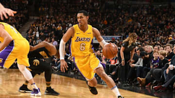 TORONTO, CANADA - JANUARY 28: Jordan Clarkson #6 of the Los Angeles Lakers handles the ball against the Toronto Raptors on January 28, 2018 at the Air Canada Centre in Toronto, Ontario, Canada. NOTE TO USER: User expressly acknowledges and agrees that, by downloading and or using this Photograph, user is consenting to the terms and conditions of the Getty Images License Agreement. Mandatory Copyright Notice: Copyright 2018 NBAE (Photo by Ron Turenne/NBAE via Getty Images)