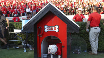 ATHENS, GA - OCTOBER 08: Georgia Bulldogs mascot UGA X stands in his dog house in the second half against the Auburn Tigers at Sanford Stadium on October 8, 2022 in Athens, Georgia. (Photo by Todd Kirkland/Getty Images)