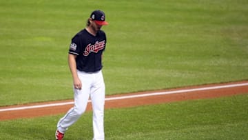 Nov 1, 2016; Cleveland, OH, USA; Cleveland Indians starting pitcher Josh Tomlin is relieved in the third inning against the Chicago Cubs in game six of the 2016 World Series at Progressive Field. Mandatory Credit: Charles LeClaire-USA TODAY Sports