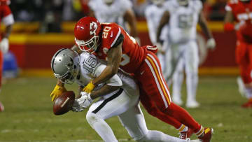 Dec 8, 2016; Kansas City, MO, USA; Kansas City Chiefs cornerback Steven Nelson (20) breaks up a pass intended for Oakland Raiders wide receiver Michael Crabtree (15) during the second half at Arrowhead Stadium. Mandatory Credit: Jay Biggerstaff-USA TODAY Sports