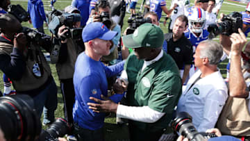 ORCHARD PARK, NY - SEPTEMBER 10: Head Coach Sean McDermott of the Buffalo Bills and Head Coach Todd Bowles of the New York Jets shake hands after the Buffalo Bills defeated the New York Jets 21-12 on September 10, 2017 at New Era Field in Orchard Park, New York. (Photo by Brett Carlsen/Getty Images)