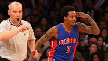 Jan 2, 2015; New York, NY, USA; Detroit Pistons guard Brandon Jennings (7) gestures after scoring a three point basket during the third quarter against the New York Knicks at Madison Square Garden. Detroit Pistons won 97-81. Mandatory Credit: Anthony Gruppuso-USA TODAY Sports