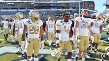Oct 17, 2020; Atlanta, GA, USA; Georgia Tech players leave the football field after they lost to Clemson during an NCAA college football game at Bobby Dodd Stadium. Mandatory Credit: Hyosub Shin/Pool Photo-USA TODAY Sports