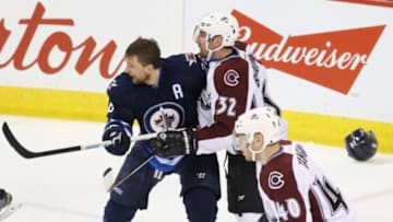 Jan 18, 2016; Winnipeg, Manitoba, CAN; Winnipeg Jets right wing Blake Wheeler (26) loses his helmet as he battles Colorado Avalanche defenseman Francois Beauchemin (32) during the second period at MTS Centre. Mandatory Credit: Bruce Fedyck-USA TODAY Sports