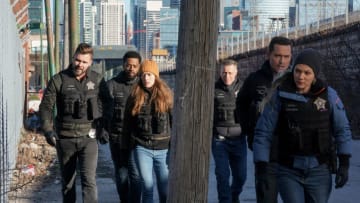 CHICAGO P.D. -- "Lies" Episode 911 -- Pictured: (l-r) Patrick John Flueger as Adam Ruzek, LaRoyce Hawkins as Kevin Atwater, Marina Squerciati as Kim Burgess, Jason Beghe as Hank Voight, Jesse Lee Soffer as Jay Halstead, Tracy Spiridakos as Hailey -- (Photo by: Lori Allen/NBC)