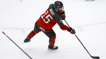 FRISCO, TEXAS - MAY 06: Shane Wright #15 of Canada scores an empty net goal against Russia in the third period during the 2021 IIHF Ice Hockey U18 World Championship Gold Medal Game at Comerica Center on May 06, 2021 in Frisco, Texas. (Photo by Tom Pennington/Getty Images)