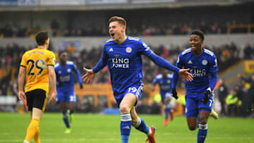WOLVERHAMPTON, ENGLAND - JANUARY 19: Harvey Barnes of Leicester City celebrates with teammate Demarai Gray after scoring his teams second goal during the Premier League match between Wolverhampton Wanderers and Leicester City at Molineux on January 19, 2019 in Wolverhampton, United Kingdom. (Photo by Michael Regan/Getty Images)