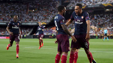 VALENCIA, SPAIN - MAY 09: Pierre-Emerick Aubameyang of Arsenal (R) celebrates after scoring his team's first goal with teammate Alexandre Lacazette during the UEFA Europa League Semi Final Second Leg match between Valencia and Arsenal at Estadio Mestalla on May 09, 2019 in Valencia, Spain. (Photo by Alex Caparros/Getty Images)
