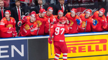 BRATISLAVA, SLOVAKIA - MAY 26: #97 Nikita Gusev of Russia celebrates his penalty shootout goal with teammates during the 2019 IIHF Ice Hockey World Championship Slovakia third place play-off game between Russia and Czech Republic at Ondrej Nepela Arena on May 26, 2019 in Bratislava, Slovakia. (Photo by RvS.Media/Robert Hradil/Getty Images)