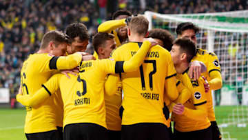 BREMEN, GERMANY - FEBRUARY 22: (BILD ZEITUNG OUT) Erling Haaland of Borussia Dortmund celebrates after scoring his team's second goal during the Bundesliga match between SV Werder Bremen and Borussia Dortmund at Wohninvest Weserstadion on February 22, 2020 in Bremen, Germany. (Photo by Max Maiwald/DeFodi Images via Getty Images)