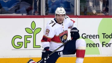 WINNIPEG, MB - FEBRUARY 18: Radim Vrbata #71 of the Florida Panthers takes part in the pre-game warm up prior to NHL action against the Winnipeg Jets at the Bell MTS Place on February 18, 2018 in Winnipeg, Manitoba, Canada. (Photo by Jonathan Kozub/NHLI via Getty Images)