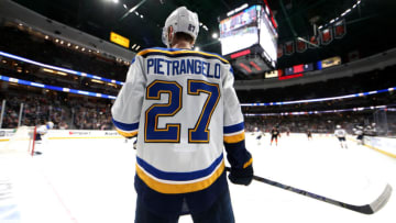 ANAHEIM, CALIFORNIA - MARCH 11: Alex Pietrangelo #27 of the St. Louis Blues looks on during the second period of a game against the Anaheim Ducks at Honda Center on March 11, 2020 in Anaheim, California. (Photo by Sean M. Haffey/Getty Images)