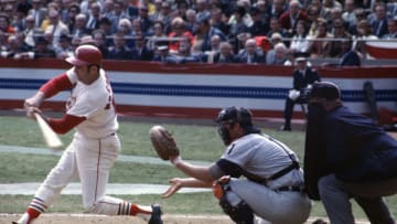 ST. LOUIS, MO - OCTOBER 1968: Tim McCarver #15 of the St. Louis Cardinals bats against the Detroit Tigers during the 1968 World Series in October 1968, at Busch Stadium in St. Louis, Missouri. The Tigers won the series 4 games to 3. (Photo by Focus on Sport/Getty Images)