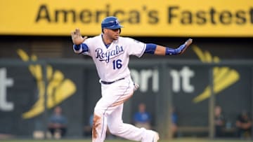Aug 6, 2016; Kansas City, MO, USA; Kansas City Royals right fielder Paulo Orlando (16) safely steals second base against the Toronto Blue Jays in the sixth inning at Kauffman Stadium. Mandatory Credit: John Rieger-USA TODAY Sports
