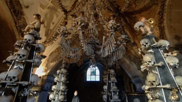 Decorations in the Sedlec Ossuary, a small chapel beneath the Cemetery Church of All Saints in Sedlec, a suburb of Kutna Hora in the Czech Republic