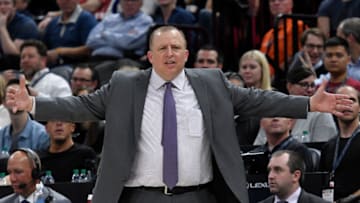 SALT LAKE CITY, UT - NOVEMBER 13: Head coach Tom Thibodeau of the Minnesota Timberwolves gestures to his team in the second half of their 109-98 win over the Utah Jazz at Vivint Smart Home Arena on November 13, 2017 in Salt Lake City, Utah. NOTE TO USER: User expressly acknowledges and agrees that, by downloading and or using this photograph, User is consenting to the terms and conditions of the Getty Images License Agreement. (Photo by Gene Sweeney Jr./Getty Images)