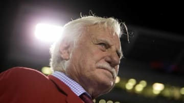 Howard Schnellenberger before the coin toss at the Miami Hurricanes vs Florida Atlantic Owls game at FAU Stadium in Boca Raton, Florida on September 11, 2015.