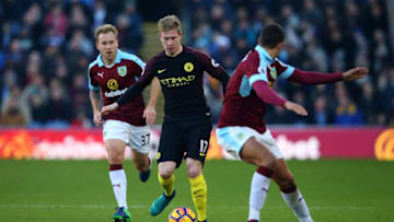 BURNLEY, ENGLAND - NOVEMBER 26: Kevin De Bruyne of Manchester City in action during the Premier League match between Burnley and Manchester City at Turf Moor on November 26, 2016 in Burnley, England. (Photo by Alex Livesey/Getty Images)