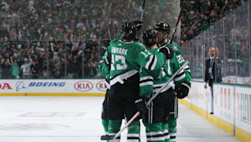 DALLAS, TX - APRIL 29: Mattias Janmark #13, Andrew Cogliano #17 and the Dallas Stars celebrate a goal against the St. Louis Blues in Game Three of the Western Conference Second Round during the 2019 NHL Stanley Cup Playoffs at the American Airlines Center on April 29, 2019 in Dallas, Texas. (Photo by Glenn James/NHLI via Getty Images)