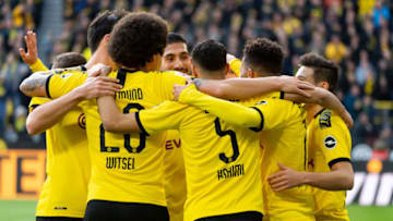 DORTMUND, GERMANY - FEBRUARY 29: (BILD ZEITUNG OUT) Jadon Sancho of Borussia Dortmund celebrates after scoring his team's first goal during the Bundesliga match between Borussia Dortmund and Sport-Club Freiburg at Signal Iduna Park on February 29, 2020 in Dortmund, Germany. (Photo by Max Maiwald/DeFodi Images via Getty Images)