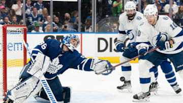 May 14, 2022; Toronto, Ontario, CAN; Toronto Maple Leafs goaltender Jack Campbell (36) reaches for the puck as Tampa Bay Lightning right wing Corey Perry (10) looks for the rebound during the second period of game seven of the first round of the 2022 Stanley Cup Playoffs at Scotiabank Arena. Mandatory Credit: Nick Turchiaro-USA TODAY Sports