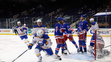 Mar 22, 2021; New York, New York, USA; Buffalo Sabres center Rasmus Asplund (74) celebrates his second period goal against the New York Rangers at Madison Square Garden. Mandatory Credit: Bruce Bennett/POOL PHOTOS-USA TODAY Sports