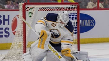 Oct 7, 2016; Ottawa, Ontario, CAN; Buffalo Sabres goalie Robin Lehner (40) makes a save in the second period of a preseason game against the Ottawa Senators at the Canadian Tire Centre. Mandatory Credit: Marc DesRosiers-USA TODAY Sports