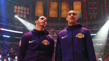 LOS ANGELES, CA - DECEMBER 28: Lonzo Ball #2 and Kyle Kuzma #0 of the Los Angeles Lakers talk before the game against the LA Clippers on December 28, 2018 at STAPLES Center in Los Angeles, California. NOTE TO USER: User expressly acknowledges and agrees that, by downloading and/or using this photograph, user is consenting to the terms and conditions of the Getty Images License Agreement. Mandatory Copyright Notice: Copyright 2018 NBAE (Photo by Andrew D. Bernstein/NBAE via Getty Images)