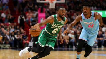 MIAMI, FLORIDA - JANUARY 28: Kemba Walker #8 of the Boston Celtics drives to the basket against Jimmy Butler #22 of the Miami Heat during the second half at American Airlines Arena on January 28, 2020 in Miami, Florida. NOTE TO USER: User expressly acknowledges and agrees that, by downloading and/or using this photograph, user is consenting to the terms and conditions of the Getty Images License Agreement. (Photo by Michael Reaves/Getty Images)