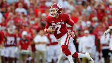 NORMAN, OK - SEPTEMBER 11: Quarterback Spencer Rattler #7 of the Oklahoma Sooners runs 22 yards in open field to the one yard line to set up a touchdown against the Western Carolina Catamounts to end the first quarter at Gaylord Family Oklahoma Memorial Stadium on September 11, 2021 in Norman, Oklahoma. Oklahoma won 76-0. (Photo by Brian Bahr/Getty Images)