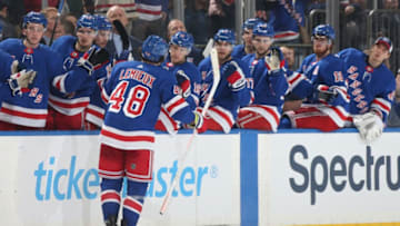 NEW YORK, NY - MARCH 01: Brendan Lemieux #48 of the New York Rangers celebrates after scoring a goal in the third period against the Montreal Canadiens at Madison Square Garden on March 1, 2019 in New York City. (Photo by Jared Silber/NHLI via Getty Images)