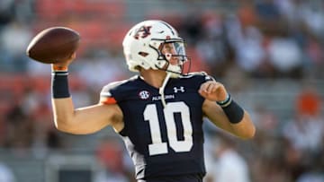 Auburn football quarterback Bo Nix (10) throws the ball during warm ups at Jordan-Hare Stadium in Auburn, Ala., on Saturday, Sept. 4, 2021.