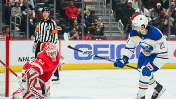 Apr 6, 2023; Detroit, Michigan, USA; Detroit Red Wings goaltender Ville Husso (35) blocks Buffalo Sabres right wing Alex Tuch (89) penalty shot during the first period at Little Caesars Arena. Mandatory Credit: Tim Fuller-USA TODAY Sports