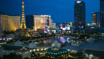 LAS VEGAS, NV - JULY 15: The lake and water fountain show at the Bellagio Hotel
