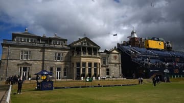 A view of the clubhouse in the afternoon sunshine during the final practice day for The 150th British Open Golf Championship on The Old Course at St Andrews in Scotland on July 13, 2022. - RESTRICTED TO EDITORIAL USE (Photo by Andy Buchanan / AFP) / RESTRICTED TO EDITORIAL USE (Photo by ANDY BUCHANAN/AFP via Getty Images)