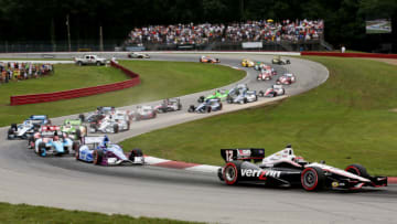 LEXINGTON, OH - AUGUST 05: Will Power of Australia, drives the #12 Verizon Team Penske Chevrolet ahead of the field on the first lap during the Honda Indy 200 at Mid Ohio on August 5, 2012 in Lexington, Ohio. (Photo by Nick Laham/Getty Images)