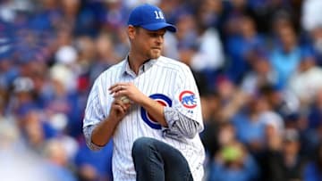 October 13, 2015; Chicago, IL, USA; Chicago Cubs former player Kerry Wood throws out the ceremonial first pitch before the Cubs play against the St. Louis Cardinals in game four of the NLDS at Wrigley Field. Mandatory Credit: Jerry Lai-USA TODAY Sports