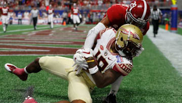 ATLANTA, GA - SEPTEMBER 02: Auden Tate #18 of the Florida State Seminoles makes a catch for a touchdown as Minkah Fitzpatrick #29 of the Alabama Crimson Tide defends in the second quarter of their game at Mercedes-Benz Stadium on September 2, 2017 in Atlanta, Georgia. (Photo by Kevin C. Cox/Getty Images)