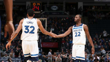 MINNEAPOLIS, MN - OCTOBER 24: Karl-Anthony Towns #32 and Andrew Wiggins #22 of the Minnesota Timberwolves high five during the game against the Indiana Pacers on October 24, 2017 at Target Center in Minneapolis, Minnesota. NOTE TO USER: User expressly acknowledges and agrees that, by downloading and or using this Photograph, user is consenting to the terms and conditions of the Getty Images License Agreement. Mandatory Copyright Notice: Copyright 2017 NBAE (Photo by David Sherman/NBAE via Getty Images)