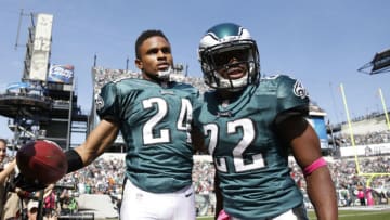 PHILADELPHIA, PA - OCTOBER 14: Nnamdi Asomugha #24 of the Philadelphia Eagles celebrates with teammate Brandon Boykin #22 after intercepting a pass against the Detroit Lions during the game at Lincoln Financial Field on October 14, 2012 in Philadelphia, Pennsylvania. The Lions won 26-23 in overtime. (Photo by Joe Robbins/Getty Images)