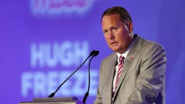 Jul 14, 2016; Hoover, AL, USA; Mississippi head coach Hugh Freeze speaks to media during SEC media day at Hyatt Regency Birmingham-The Wynfrey Hotel. Mandatory Credit: Butch Dill-USA TODAY Sports