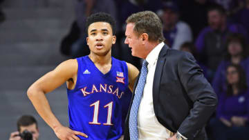 MANHATTAN, KS - FEBRUARY 05: Head coach Bill Self of the Kansas Jayhawks instructs Devon Dotson #11 during the first half against the Kansas State Wildcats on February 5, 2019 at Bramlage Coliseum in Manhattan, Kansas. (Photo by Peter G. Aiken/Getty Images)